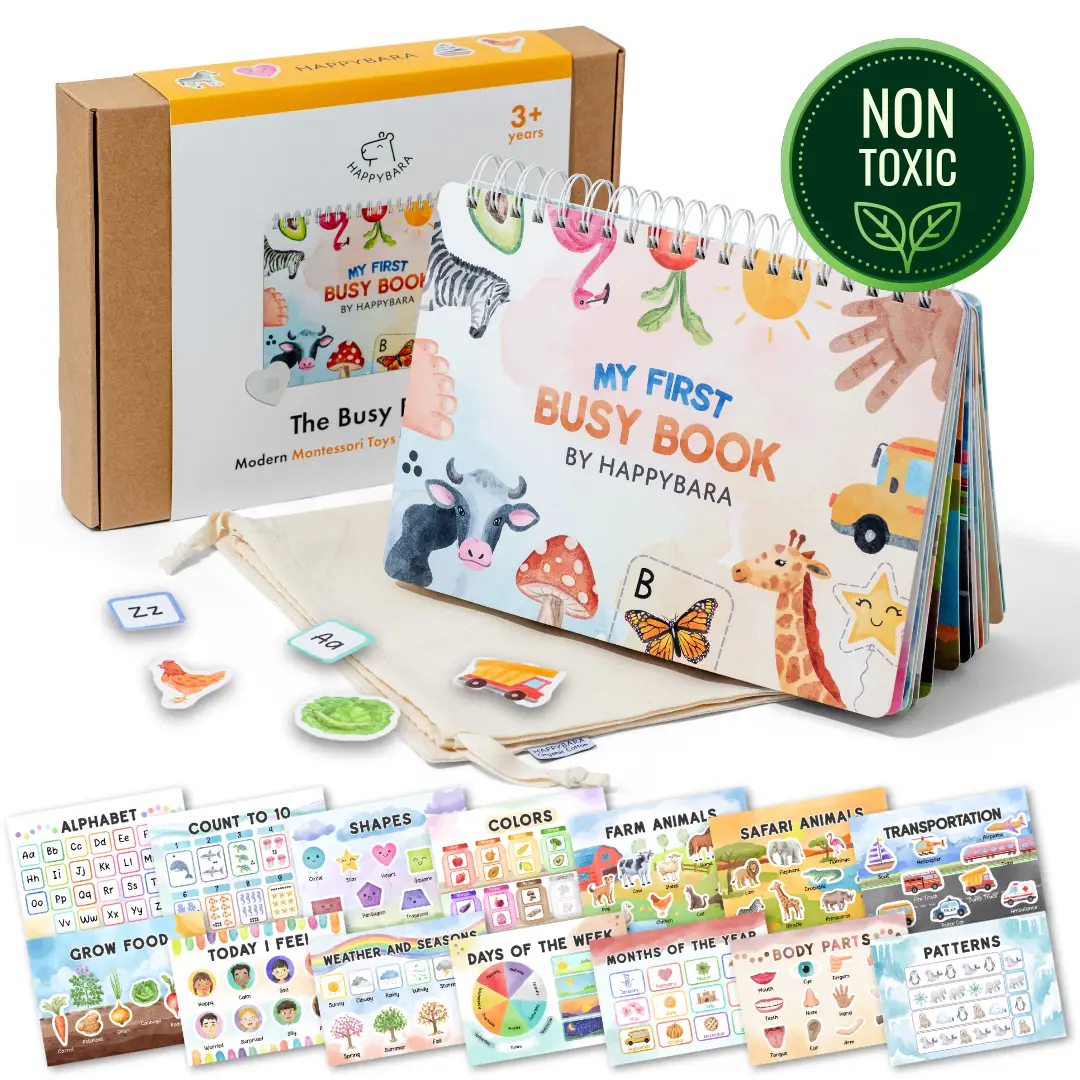 Happybara Busy Book for Toddlers - Montessori Preschool Learning Activity - Durable & Non-Toxic - FSC-Certified Sustainably Made, Travel Toy