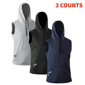 Men's breathable quick-drying drawstring hooded vest, showing muscles, men's fitness sports sleeveless T-shirt with pockets, plain color scheme, suitable for summer sports wear, regular version