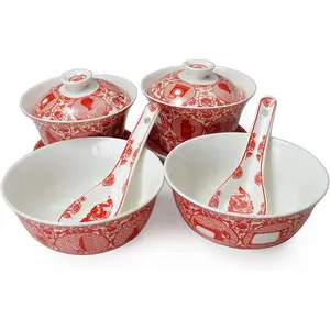 Porcelain Tableware Gift 6/Set Gaiwan Bowl Spoon Chinese Wedding Hollow Paper Cut Pattern Tea Set for Adults Men Women Couple Wedding Party (Retro paper-cut) charcuterie boards