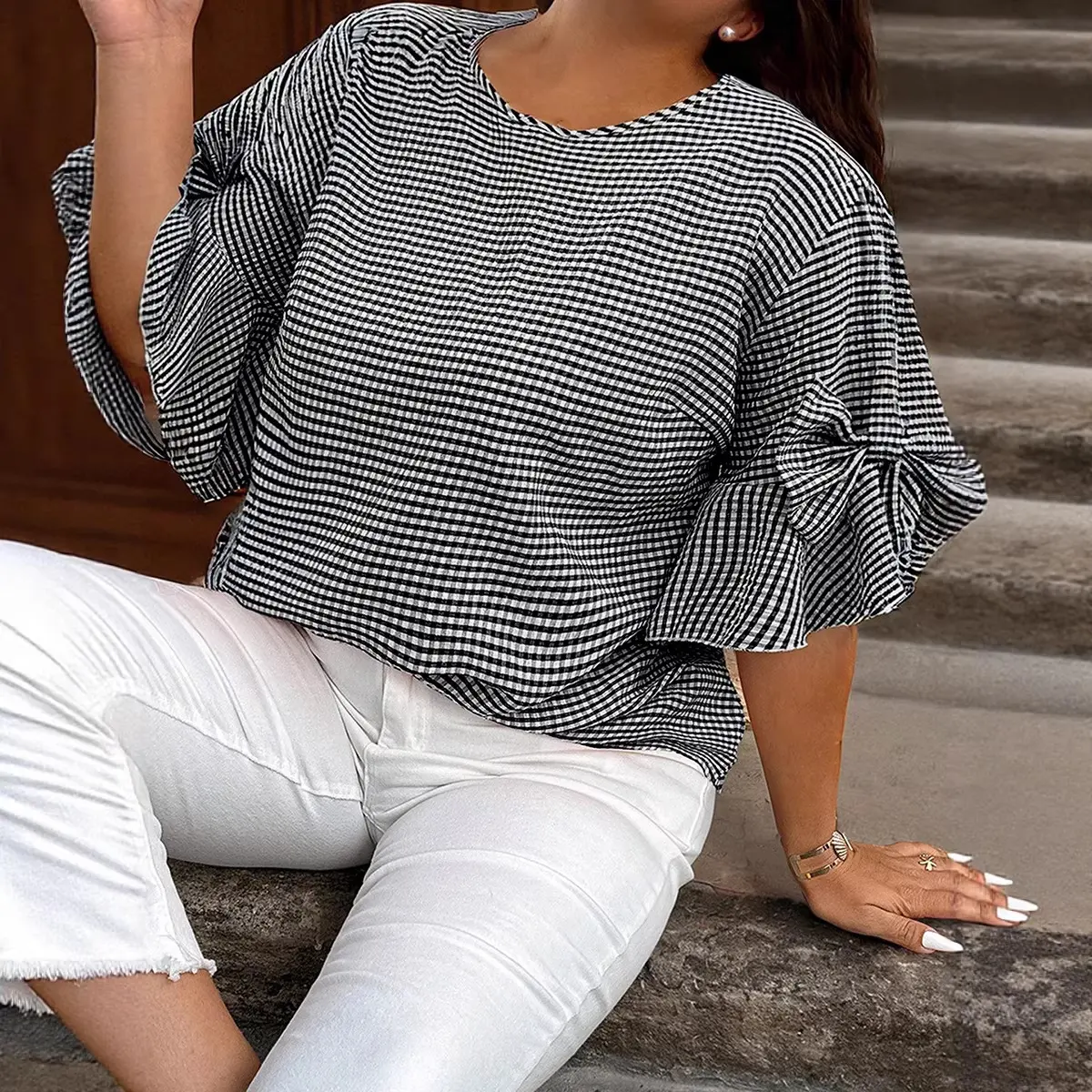 Women's Plus Size Checkered Print Gingham Blouse - Comfy Casual, Dressy Casual Going Out Top with Ruffle Sleeves, Bow Neck Detail, Ready to Wear Shirts, Dressy Casual Tops