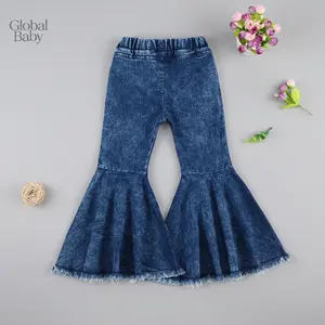Global Baby Children's clothing spring and autumn western style children's double-layer rough edge  Toddler Baby Girl Flared Jeans, Blue Bell-bottom High-waist Basic Denim Pants Spring