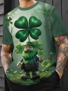 Men's Digital Print St Patrick's Day Bagpiper T-Shirt, Casual Fitted Short Sleeve Round Neck, Perfect Holiday Gift for Men