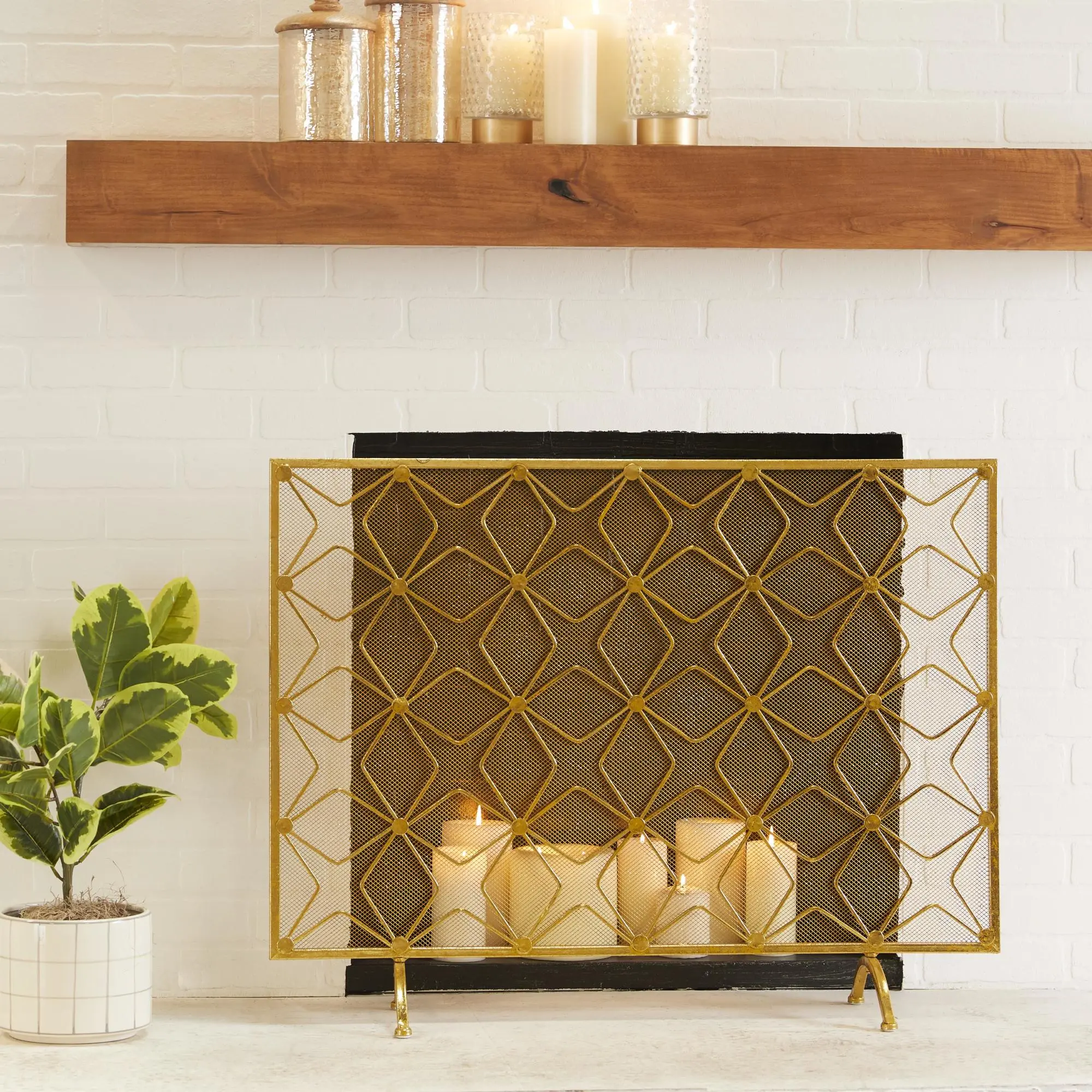 Gold Metal Geometric Star-Patterned Single-Panel Living Room Fireplace Screen with Mesh Netting, Festive Decor Wall Protector with Felt Accents, Paint