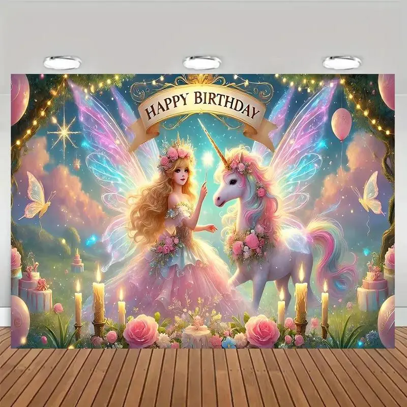 Fairy & Unicorn, Polka Dot, Geometric Pattern Polyester Birthday Party Banner - Durable, Lightweight High-Quality Backdrop Decoration, Easy Installation for Indoor-Outdoor Anniversary, Baby Shower Events, Ideal Gift, Ceremony