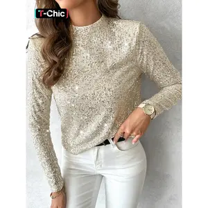 Women’s glitter sequin cut-out mock neck fitted tee, elegant sparkly long-sleeve top for parties and holidays, ladies’ spring and fall clothing