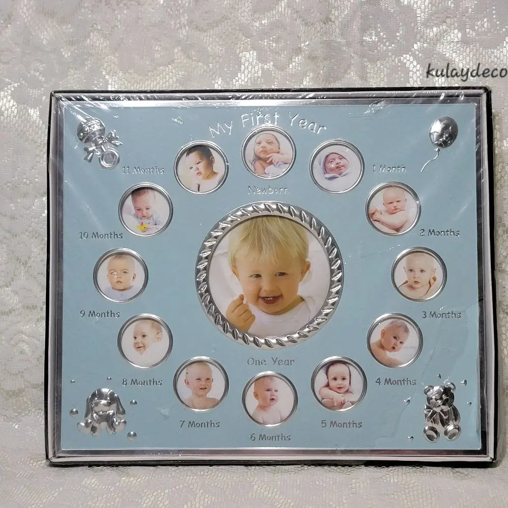 Baby’s First Year Monthly Milestone Photo Frame Silver Tone Keepsake Nursery Baby Blue Background