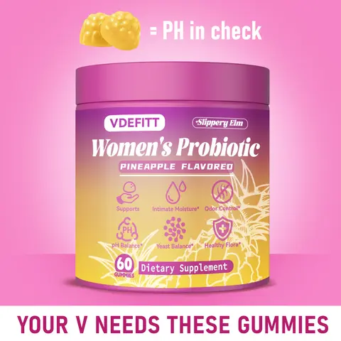 Women's Probiotic Gummies Pineapple Flavor Supports pH Balance Dryness Relief Prebiotic Probiotic Blend with Slippery Elm Healthcare Dietary Supplement