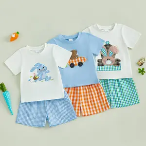 Babamoon Toddler Baby Boy Easter Outfits Set Bunny Embroidery Short Sleeve T-shirt Plaid Elastic Waist Shorts 2 Piece Clothes Set