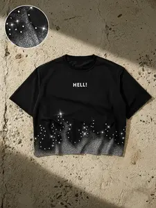 'Cropped T-Shirt' "HELL!" Rhinestone Flame Print | Edgy Punk Streetwear Aesthetic | Unisex OOTD Essential | TikTok Viral Y2K Casual Daily Wear Statement Top for Men Women 2026 Spring New Drop