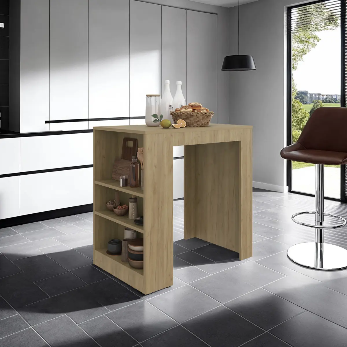 Lacour Wood Kitchen Island - Engineered Wood Kitchen Bar Table with 3 Shelves, Durable Natural Oak, Easy Care, 23.22x36.22x35.94 in, 35.9"h x36.2"w x23.2"d, Assembly Required