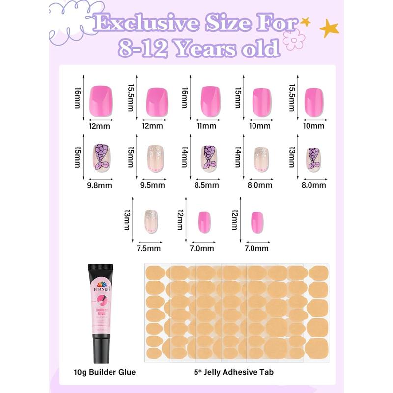 130 Pieces Press on Nails for Kids, EBANKU 5 Pack Kid Fake Nail Kit Old Cute Flower Mermaid Heart Press on Nails for Girls 8-12 Years with Jelly Nail Adhesives & Nail Builder Glue
