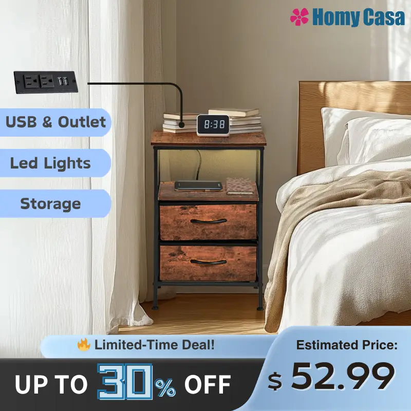 HomyCasa Bedside Nightstand with LED Lights, Vintage Design, 2 Drawers, Rustic Brown Finish, USB & Outlet Available, Modern Furniture