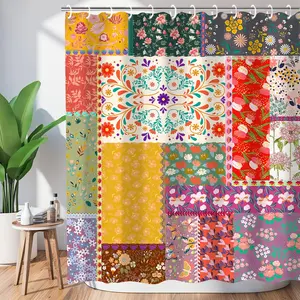 Patchwork Boho Shower Curtain Sets Vintage Bohemian Shower Curtains Floral Fabric Shower Curtain Washable Waterproof Bathtubs Bathroom Accessories with Hooks