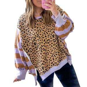 Mntaor Women's Casual Winteroutfit Sweatshirt with Leopard Print & Striped Color Block - Drop Shoulder, Long Sleeve, Side Slits