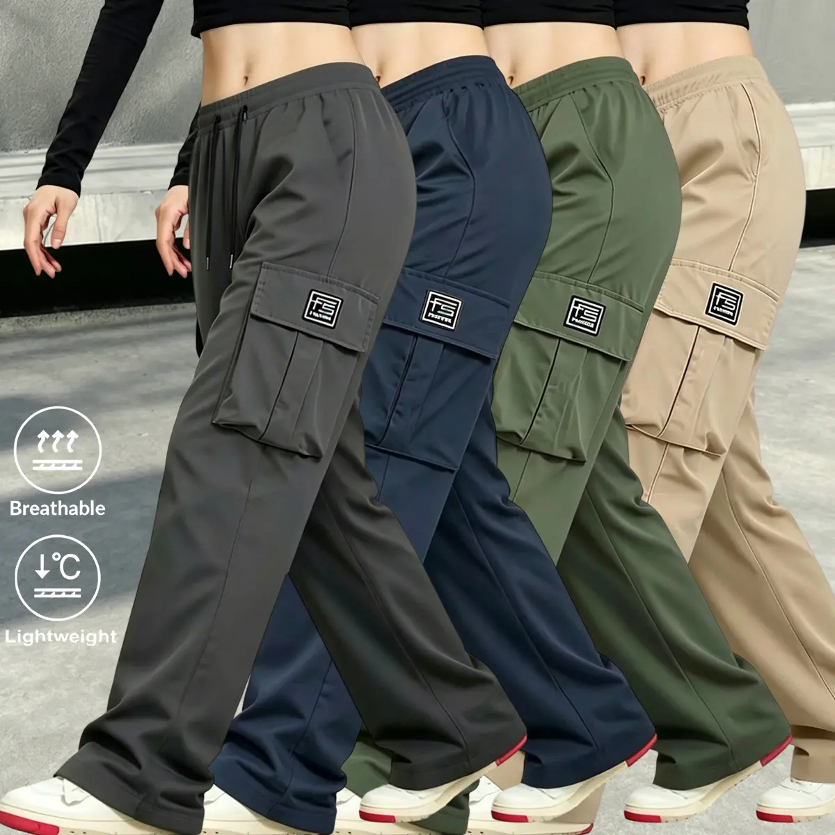 Pack of 4 women’s casual outdoor cargo pants with an elastic waistband and adjustable drawstring—suitable for outdoor work, leisure sports, parties/social events, and everyday wear; women’s casual long pants.