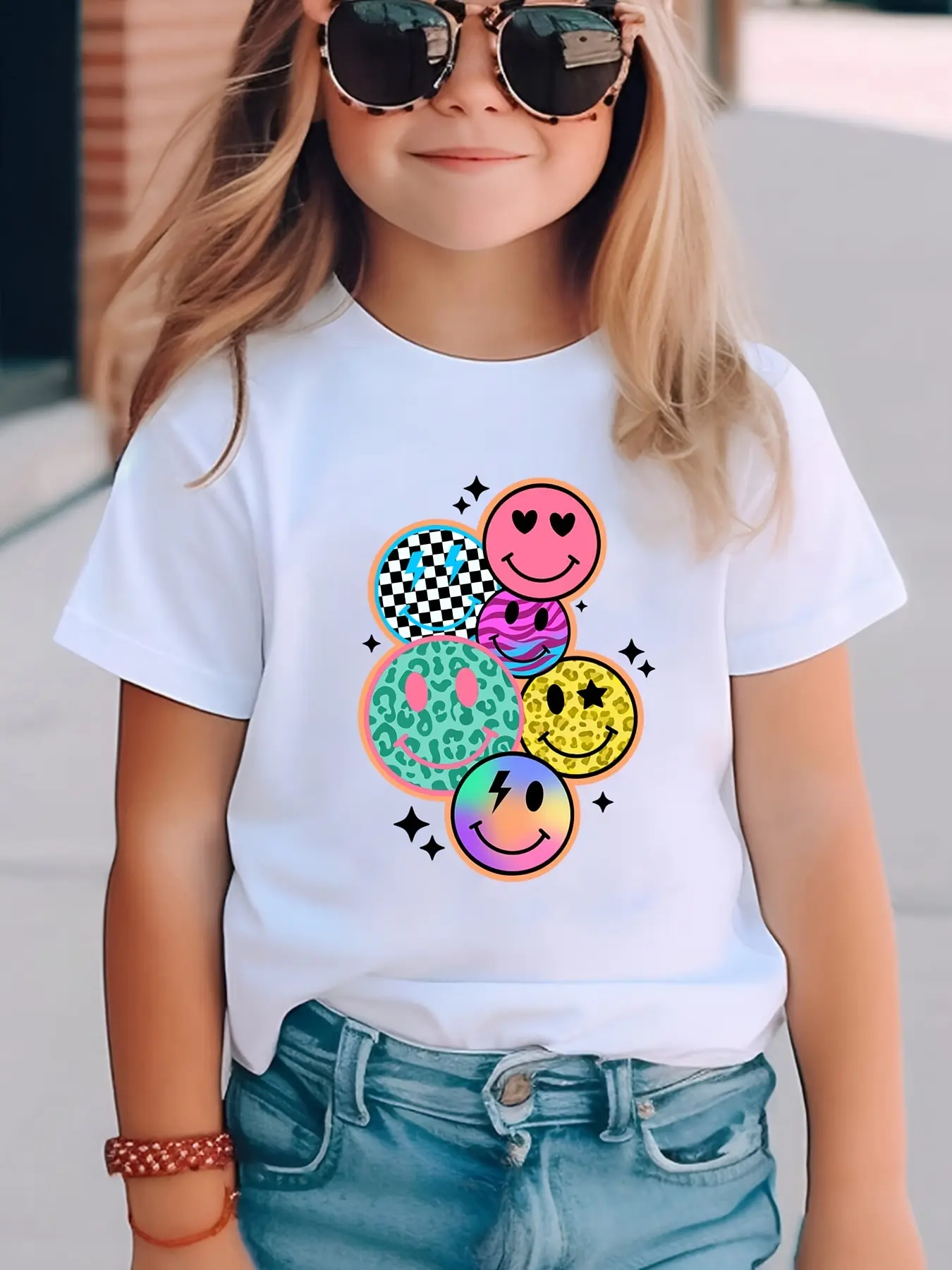 Girls' Retro Pattern Smiley Face Short Sleeve Cotton T-Shirt, Trendy Graphic Tee