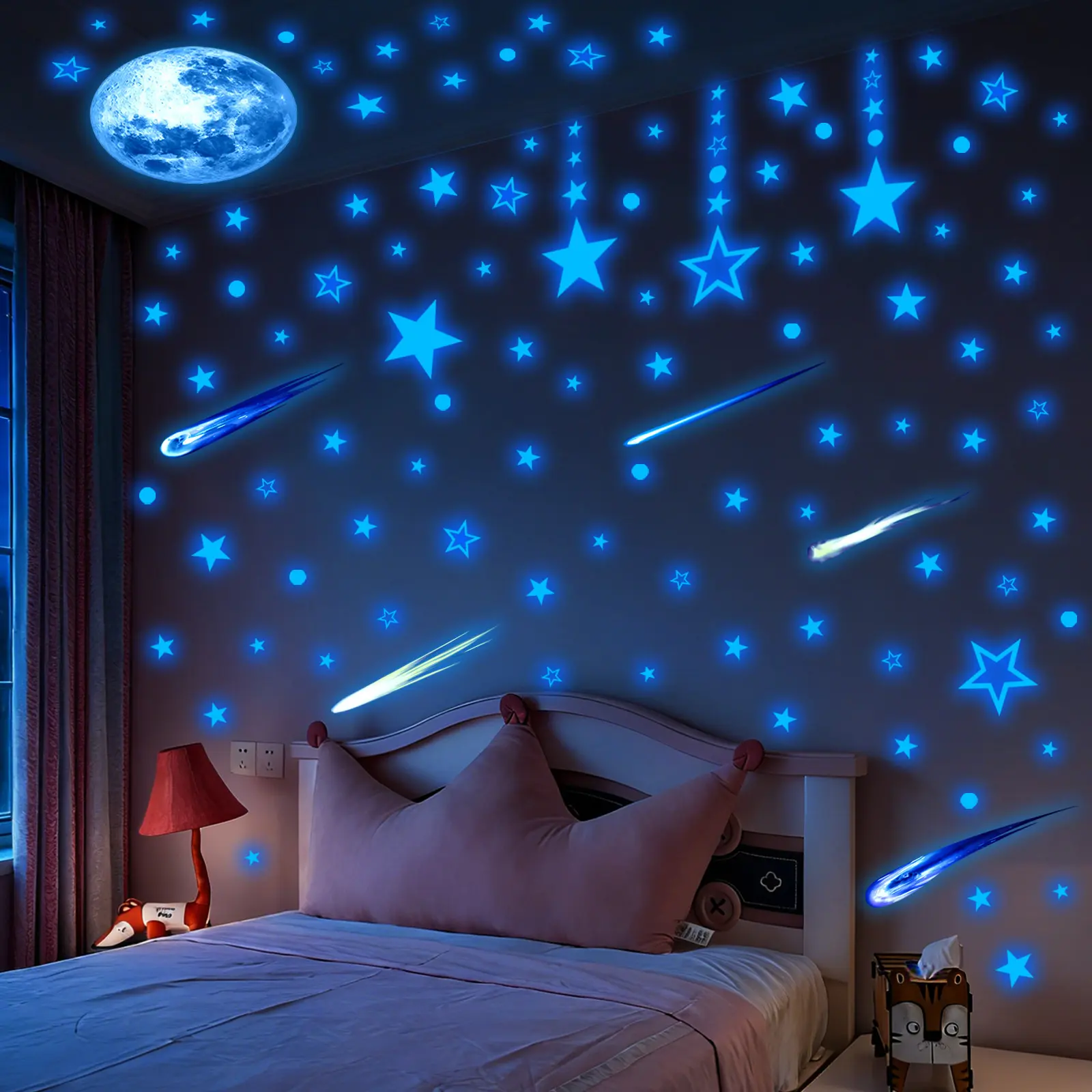 4-piece set (2x21*29.7cm, 2x30*30cm) fluorescent Glow in Dark moon, meteor and star Starry Sky Pattern self-adhesive decorative wall stickers, Wall Decals Peel And Stick, for living room, entrance and corridor beautification