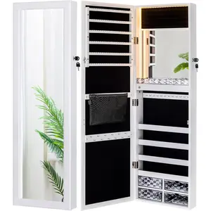 Mirror Jewelry Cabinet 79 LED Lights Wall-Mount/Door-Hanging Armoire, Lockable Storage Organizer w/Drawers (White)