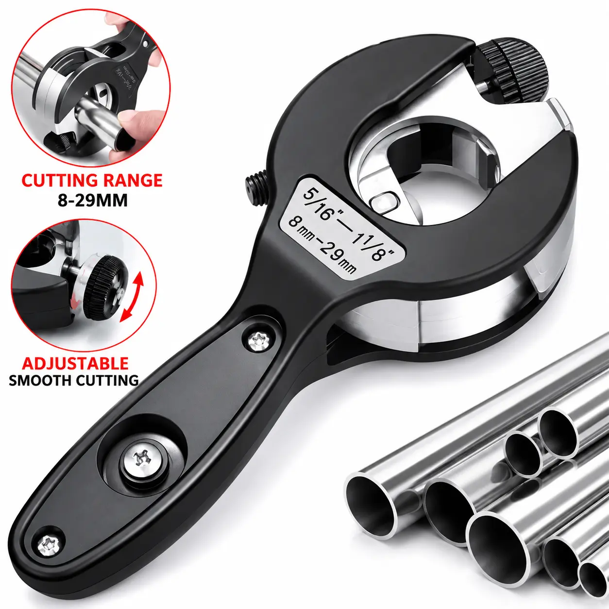 Ratcheting Pipe Cutter, Single Cutter for 5/16"-1 1/8" (8-29mm) Inches Tubing, 1-Hand Labor-Saving Tool for Quick Pipe Cuts on Copper, Aluminum, PVC & PEX, Compact for HVAC Plumbers’ Tight Spaces Tasks