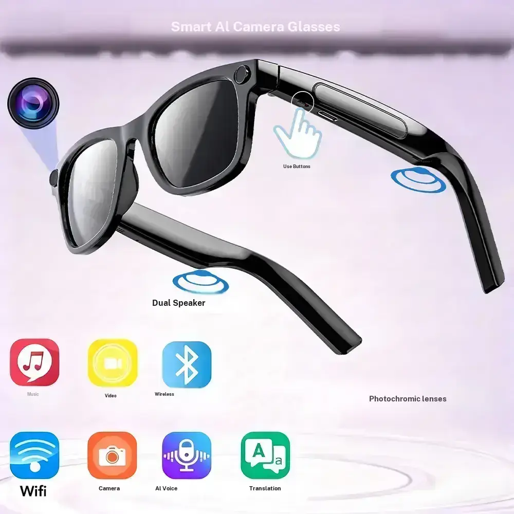 Smart Glasses with AI Camera, 8MP Light-Sensitive Lenses, Button and Touch Controls, Bluetooth, Real-Time Translation, Video Recording, Protection