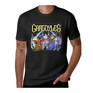 Customers Anime Vintage Men's Gargoyles Graphic T-Shirt - Harajuku Streetwear, Black Short Sleeve, 100% Cotton, Regular Fit, Retro Anime Design, Machine Washable