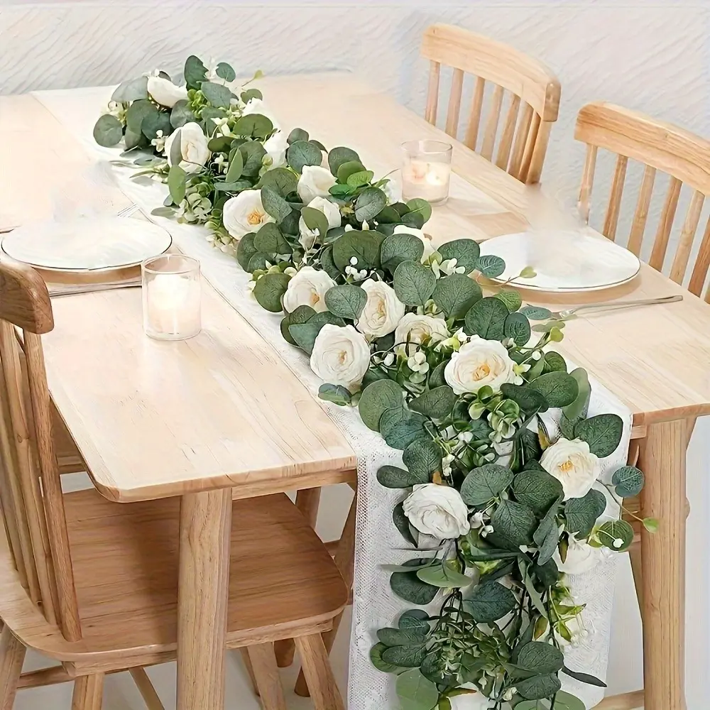 70-Inch Eucalyptus and Rose Garland, Artificial Eucalyptus Garland - Faux Floral Garland, Plastic Flower Vine for Home Decor, Wedding, Engagement Table Decoration, Ideal for Party Tables and Indoor Wall Backdrops, Party Decor Supplies
