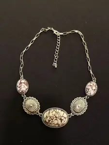 Southwestern White Matrix Stone & Geometric Concho Necklace - 008