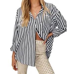 Women’s striped long-sleeved button-down loose casual top, breathable