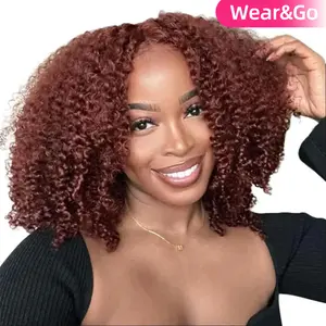 MORE FACE Wear and Go Glueless Wig #33 Reddish Brown Kinky Curly Wig Human Hair Pre Plucked Pre Cut 6*4 Transparent Lace Closure Wigs Natural Hairline