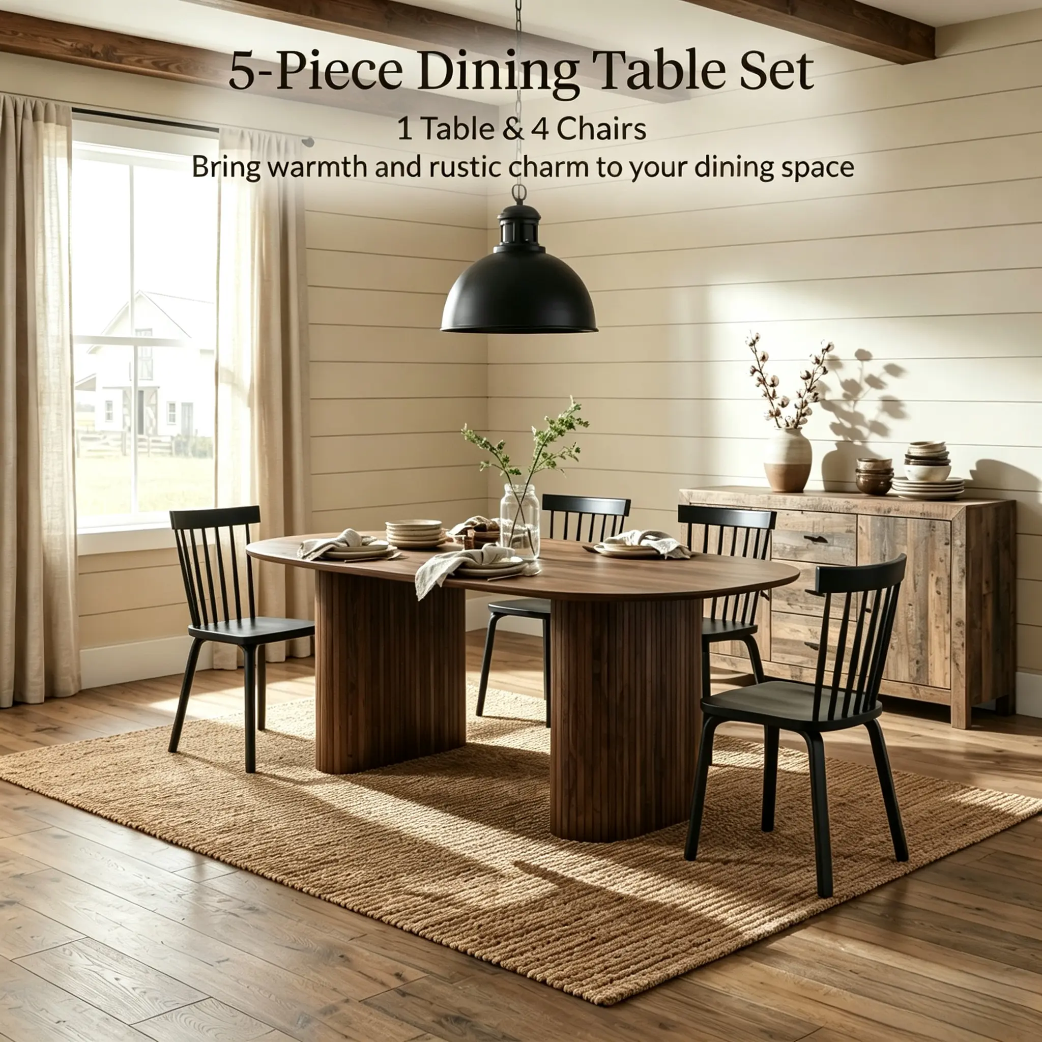 Modern Farmhouse 5-Piece Oval Dining Table Set, 71" Walnut Brown Wood-Grain Table with 4 Black Windsor Spindle Back Chairs, Solid Wood, Widened Seats, Sturdy & Durable for Kitchen Dining Room