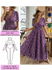 Plus Size French Floral Dress, Deep V Neck Waist Cinch Slimming Short Sleeve Long Dress, Vacation Style, Casual Wear, Summer, Women's Fashion, Womenswear