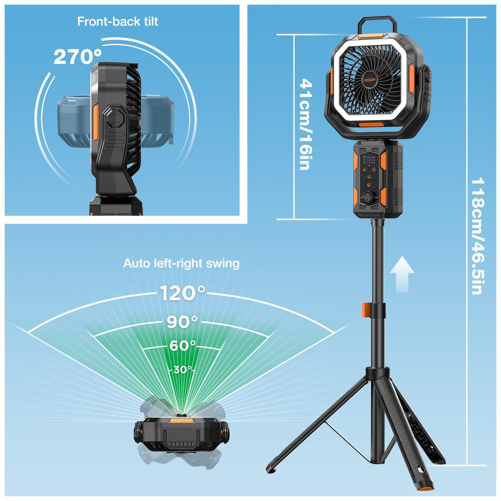 OGERY Camping Fan with Detachable Tripod, 30000mAh Rechargeable Fan with LED Lights & 270° Pivot,4 in 1 Cordless Camping Fan, Remote Control Shaking Head Desk Fan for Camping Tent Travel Bedroom Portable Motor