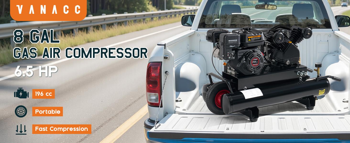 VanAcc 6.5HP Gas Powered Air Compressor, 8/20 Gallon Horizontal Tank with Wheels 10CFM@Max 115PSI, 196cc Loncin Engine Gasoline Driven Piston Pump Air Compressor for Workshop, Construction Sites