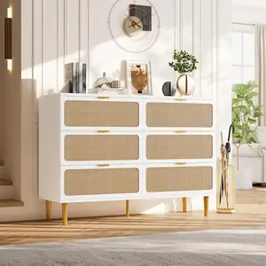 Rattan 6-Drawer Dresser - Wide Top Wooden Chest with Deep Storage for Bedroom/Kids Room/Living Room,White
