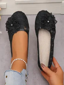Women's Floral Lace Design Ballet Flats, Casual Comfortable Breathable Flat Shoes, Fashionable Shoes for Daily Wear, Girl