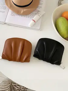 Women's Fashion Card Wallet, Short Simple Purse, Pure Color Coin Pouch, Elegant Wrinkled Design, Small Portable Multi-Card Holder