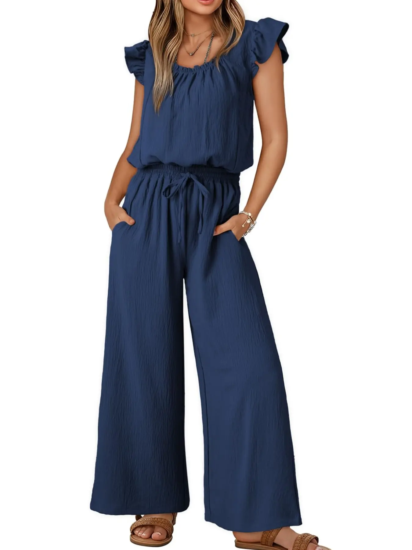 Fashion Solid Color Adjustable Drawstring Ruffle Short Sleeve Top, One-Piece Straight Leg Wide Leg Pants, Casual Streetwear Style, Summer, Womenswear