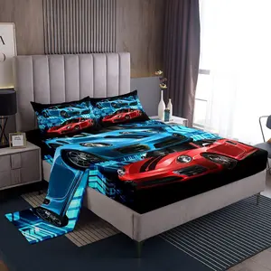 Cars Bed Sheet Set,Arrow Fitted Sheet for Girls Boys,Sports Car Race Sports Car Red Blue Black Bright Breathable Room Decor Bedding Sheet