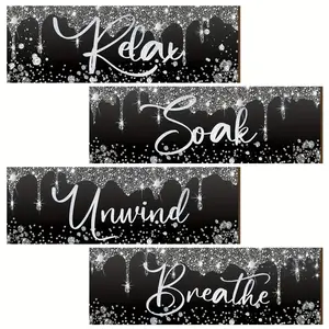 4PCS Wooden Glitter Diamond Wall Decor Art, Home Decor Accessory -2D Flat-print Modern Black Bathroom Wall Decor - Relaxation Wishes & Breathe Silver Drip Signs for Home Living Room, Bedroom, Bathroom - Perfect Gift for Girls & Her Decoration Items
