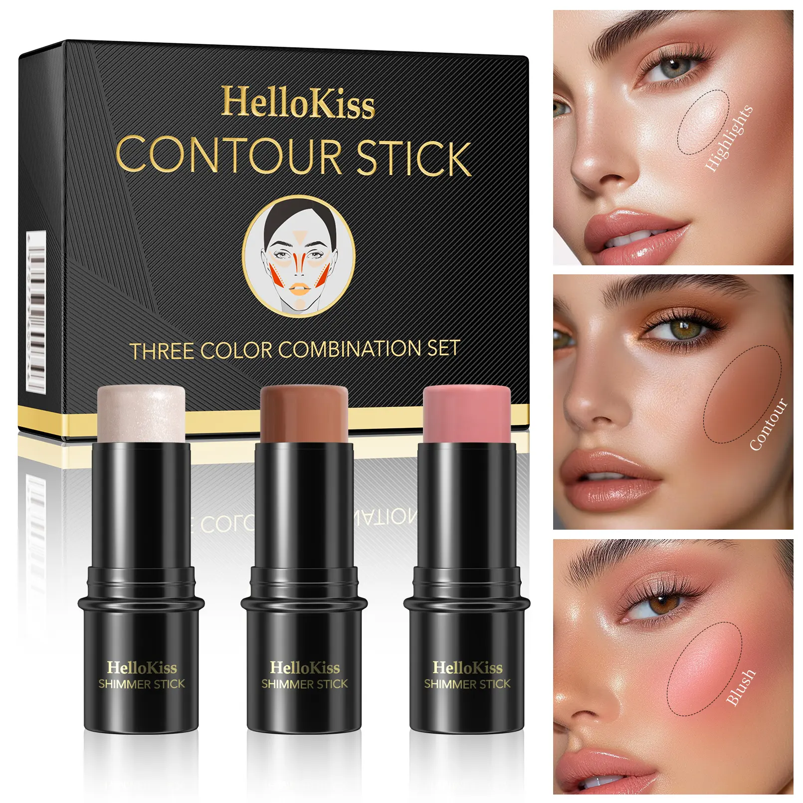 3-in-1 Concealer Stick Set – Creamy Highlight, Contour & Blush Sticks with Full-Coverage, Blendable, Waterproof, Smudge-Proof, Long-Lasting, Buildable Formula for Sculpted Radiant Look, Ideal for Daily Makeup & Travel