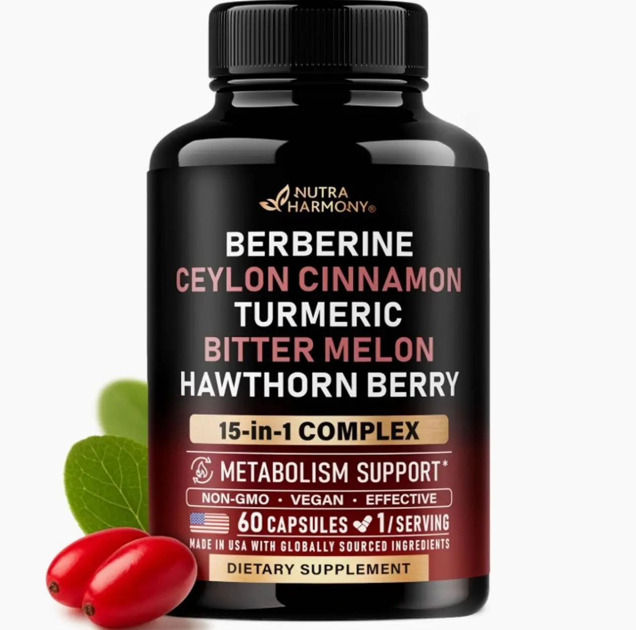 Berberine with Ceylon Cinnamon | Bitter Melon (Karela) | Apple Cider Vinegar | Hawthorn Berry | Citrus Bergamot | Turmeric - 15-in-1 Supplement for Heart Support, Metabolism & Energy - 60 Capsules