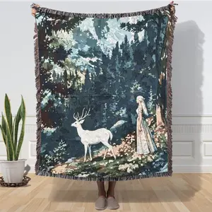 The Girl and the Deer Patterns Woven Jacquard Blanket - Rich Color Mix with Tassel Trims, Can be Used as Bed Blanket, Sofa Blanket, Car Blanket, Camping Blanket, All Seasons, Stylish Blanket