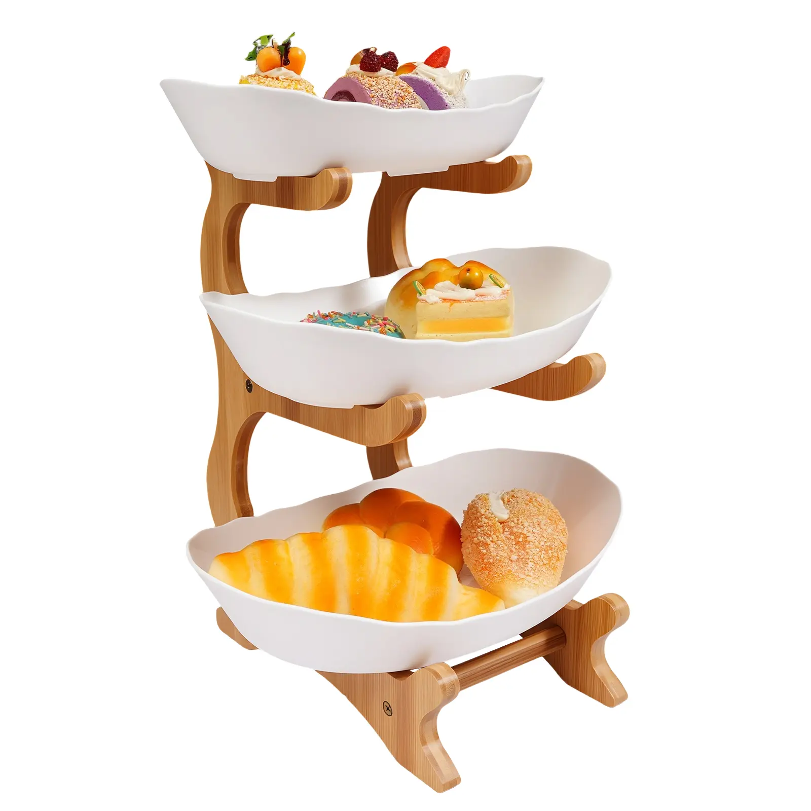 Wooden 3-Tier Bamboo Organiser Stand Set - Food-Grade PP Yuanbao-Shaped Bowls, Tiered Serving Platter, Stackable Storage Racks for Snacks, Home Kitchen Decor Father Son High School Graduation Gift