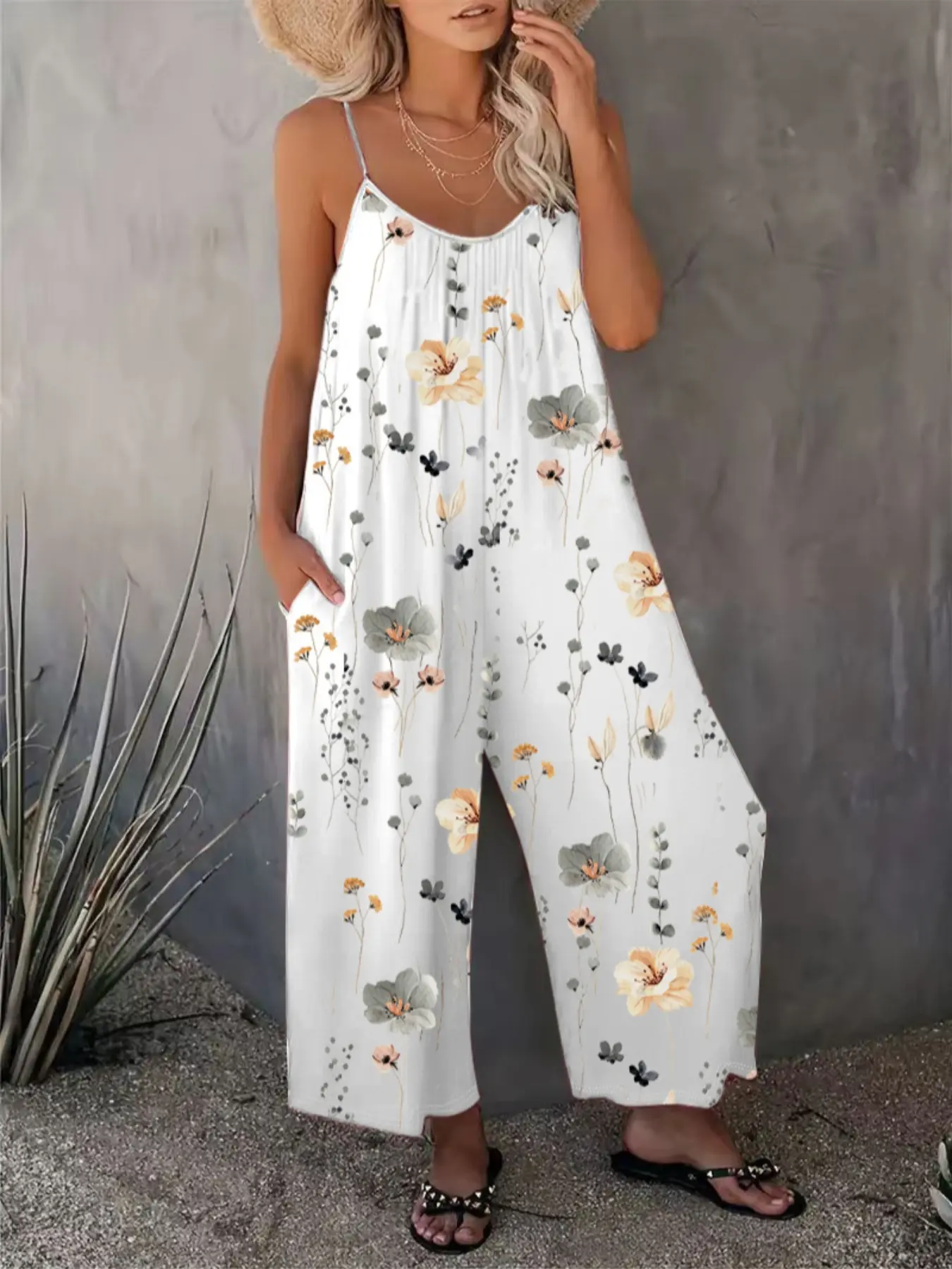 Comfortable Loose Jumpsuit, Perfect Vacation Selection, Just Right Pocket Design, U Neck Ruched Fit, Precise Tailoring