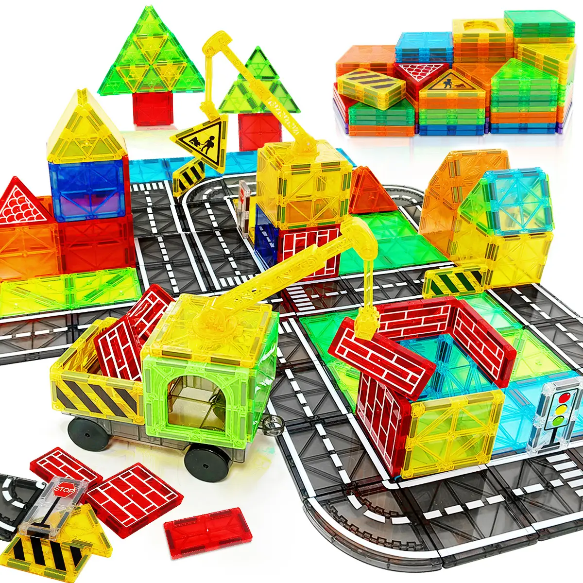 Magnetic Tiles Road Set with Magnet Crane Car Toys, STEM Construction Toys for Kids Ages 3-6, Random Color, Birthday Gifts Creative Building Blocks