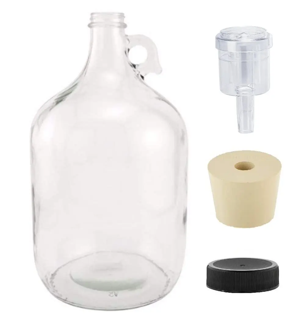 1 Gallon Glass Fermenting Jug with Handle, 6.5 Rubber Stopper, 2-Piece Airlock, Black Plastic Lid - Set of 1Gift.