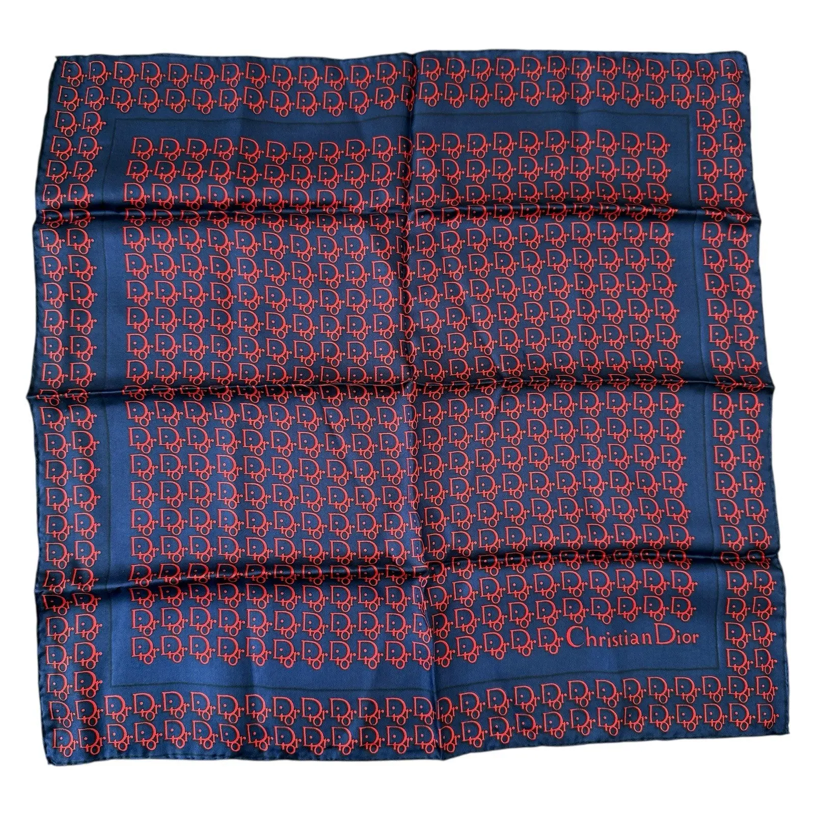 Pre-owned Authentic with COA NWOT Christian Dior Womens Square Silk Scarf Blue Red Trotter Logo