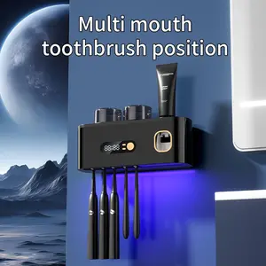 Wall Mounted Toothbrush Holder with Squeezer, Toothpaste Dispenser and 2 Cups, Smart Timer Mode, Modern Home Bathroom Storage Organizing Set, No Drilling Required