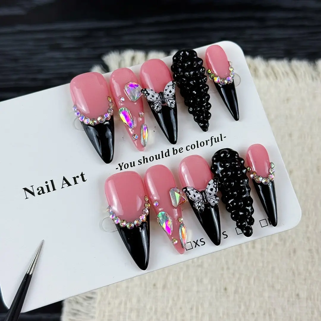 10pcs lady's style, hand-painted 3D butterfly, dazzling cluster of diamonds, Bling rhinestone decoration, Handmade Press On, fake nails, Nail stickers suitable for birthday parties, family gathering, company annual event