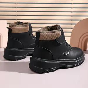 Boys' Mid-Calf Fleece-Lined Warm Boots - Lightweight, Durable EVA Sole, Adjustable Hook & Loop Closure, Black with Brown Accents - Perfect School, Hiking & Outdoor Activities, Hiking Boots, School Footwear, Sporty Design, Lined Interior, School